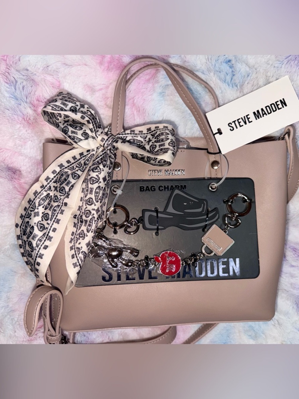 Steve Madden Blush Taupe Satchel with Printed Scarf and Charm